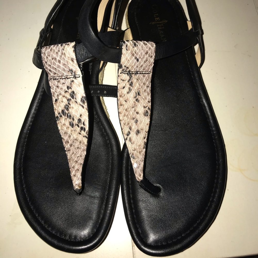 Black Cole Haan Sandals with snakeskin inlet.